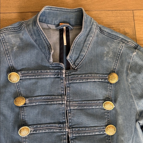Free People Distressed Denim Military Jacket with Gold Accents - Picture 5 of 6